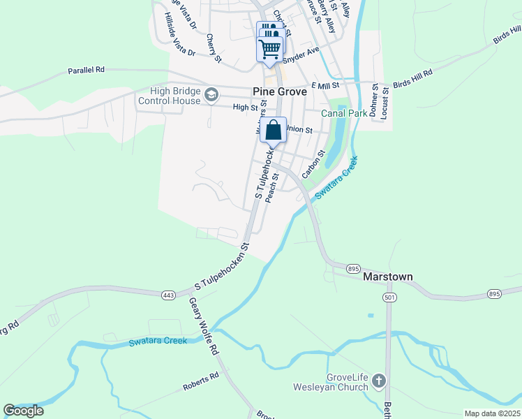 map of restaurants, bars, coffee shops, grocery stores, and more near 297 South Tulpehocken Street in Pine Grove
