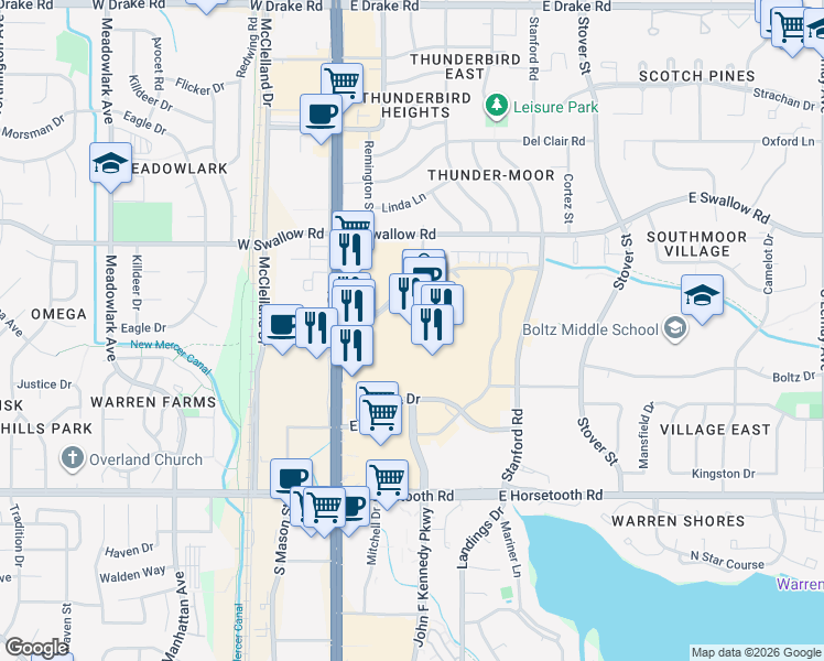 map of restaurants, bars, coffee shops, grocery stores, and more near 215 East Foothills Parkway in Fort Collins