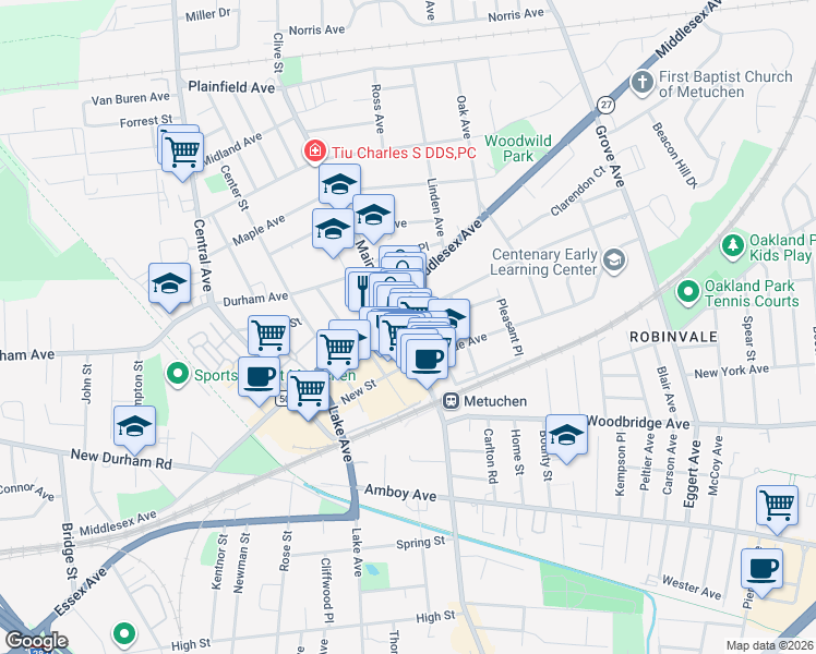 map of restaurants, bars, coffee shops, grocery stores, and more near 452 Main Street in Metuchen