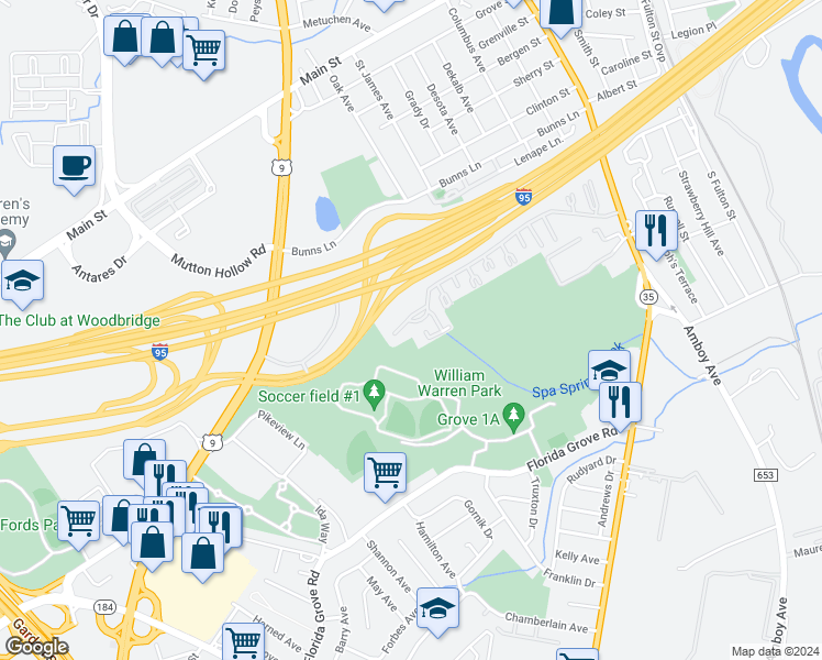 map of restaurants, bars, coffee shops, grocery stores, and more near 1012 Cricket Lane in Woodbridge Township