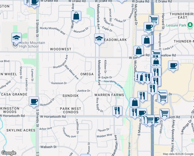 map of restaurants, bars, coffee shops, grocery stores, and more near 3231 Meadowlark Avenue in Fort Collins