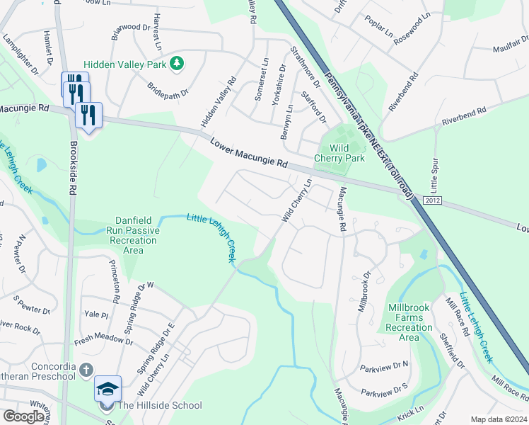 map of restaurants, bars, coffee shops, grocery stores, and more near 4831 Derby Lane in Macungie