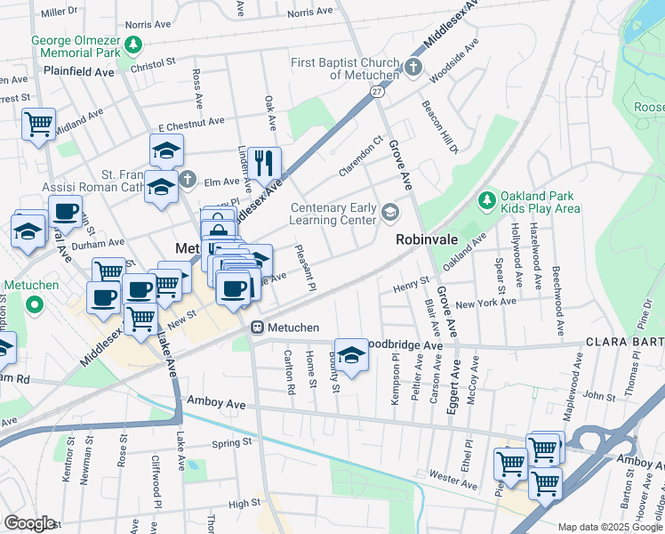 map of restaurants, bars, coffee shops, grocery stores, and more near 116 Hillside Avenue in Metuchen