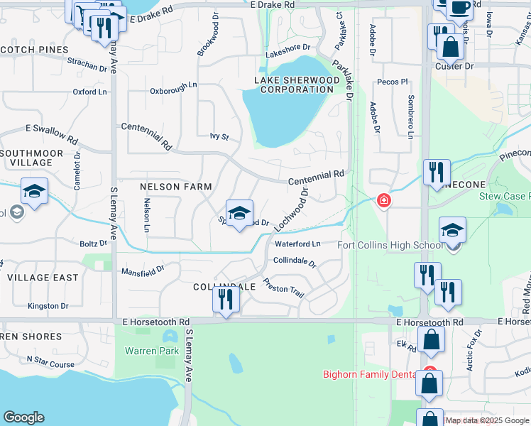 map of restaurants, bars, coffee shops, grocery stores, and more near 3224 Wedgewood Court in Fort Collins