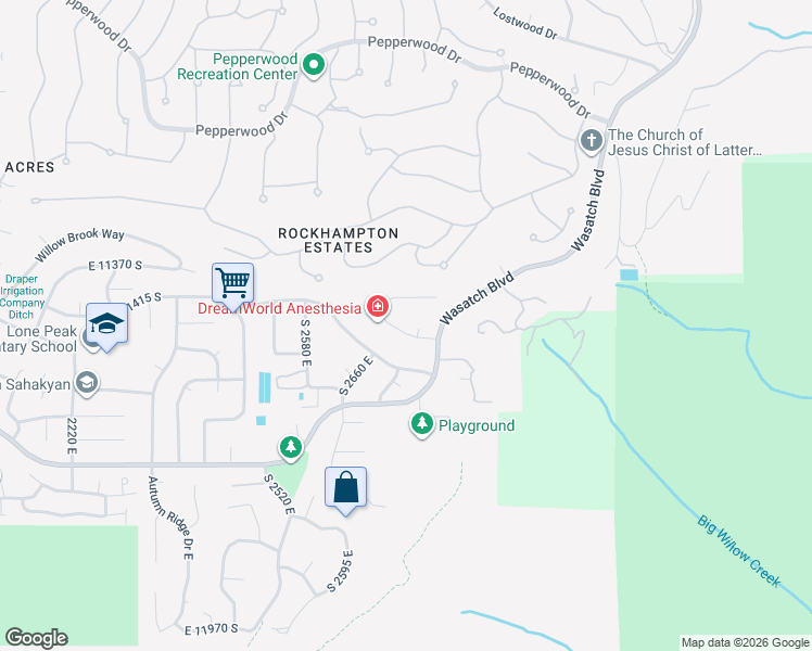map of restaurants, bars, coffee shops, grocery stores, and more near 2741 East 11485 South in Sandy