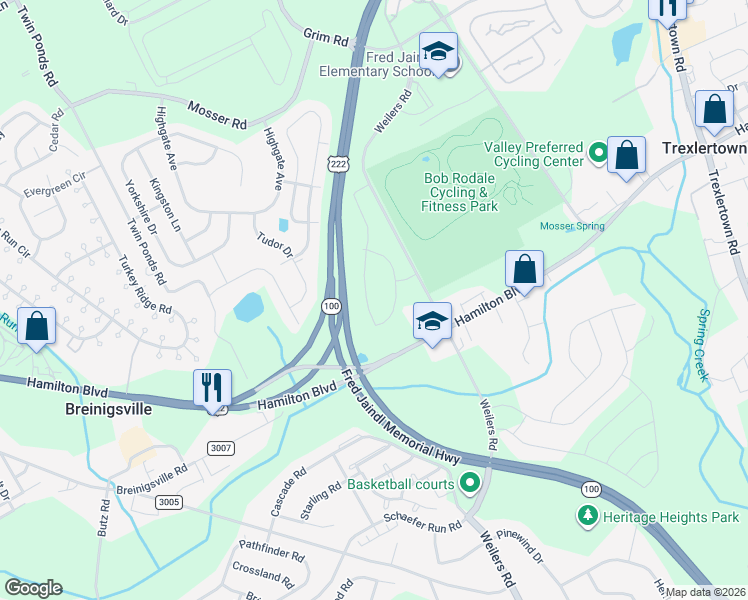 map of restaurants, bars, coffee shops, grocery stores, and more near 1118 Grim Road in Breinigsville