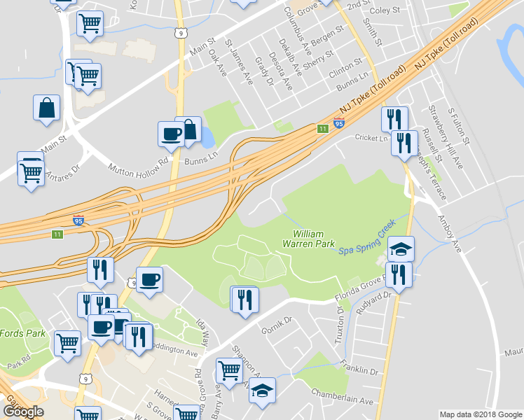 map of restaurants, bars, coffee shops, grocery stores, and more near 818 Cricket Lane in Woodbridge Township