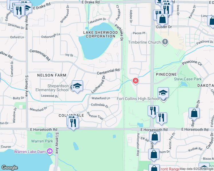 map of restaurants, bars, coffee shops, grocery stores, and more near 1712 Corkwood Court in Fort Collins