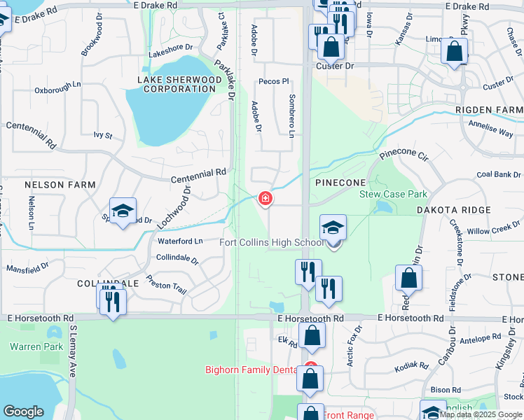 map of restaurants, bars, coffee shops, grocery stores, and more near 3221 Eastbrook Drive in Fort Collins