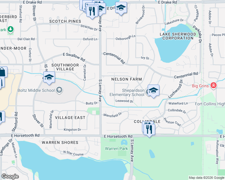 map of restaurants, bars, coffee shops, grocery stores, and more near 3138 South Lemay Avenue in Fort Collins