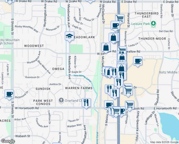 map of restaurants, bars, coffee shops, grocery stores, and more near 3148 Eagle Drive in Fort Collins