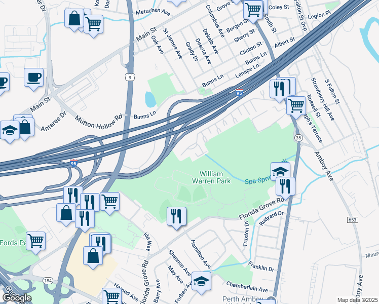 map of restaurants, bars, coffee shops, grocery stores, and more near 1012 Cricket Lane in Woodbridge Township