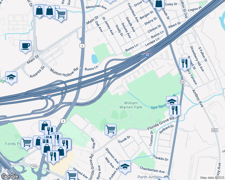 map of restaurants, bars, coffee shops, grocery stores, and more near 1025 Cricket Lane in Woodbridge Township