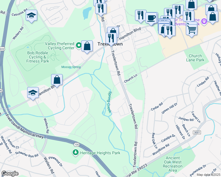 map of restaurants, bars, coffee shops, grocery stores, and more near 1334 Trexlertown Road in Macungie