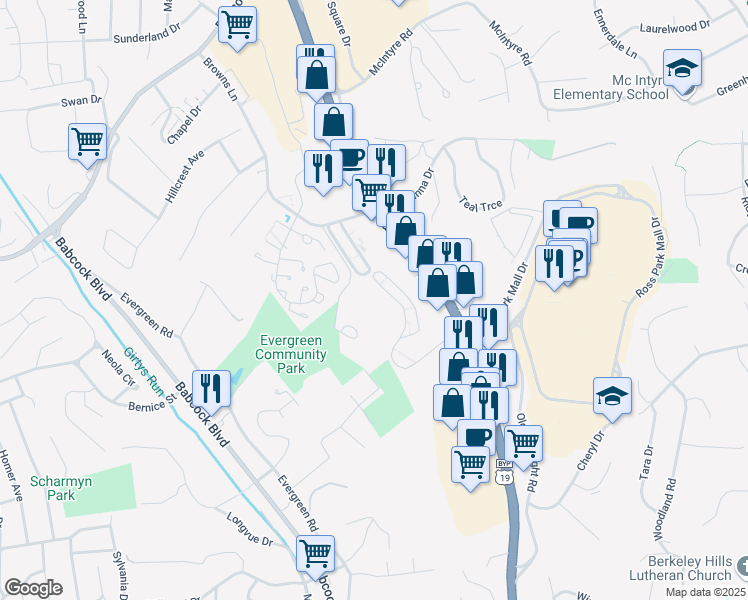 map of restaurants, bars, coffee shops, grocery stores, and more near 3407 Charlemagne Circle in Pittsburgh