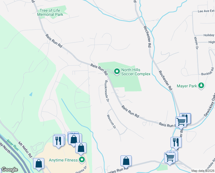 map of restaurants, bars, coffee shops, grocery stores, and more near 107 Brookmeade Drive in Pittsburgh