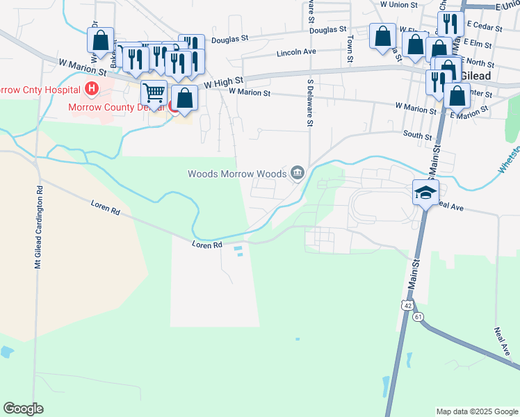 map of restaurants, bars, coffee shops, grocery stores, and more near 397 South Delaware Street in Mount Gilead