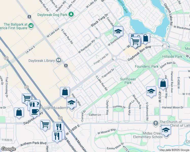 map of restaurants, bars, coffee shops, grocery stores, and more near 11464 South Lake Run Road in South Jordan