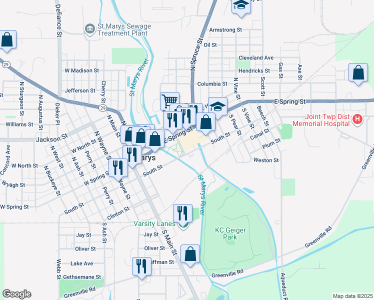 map of restaurants, bars, coffee shops, grocery stores, and more near 140 South Chestnut Street in Saint Marys