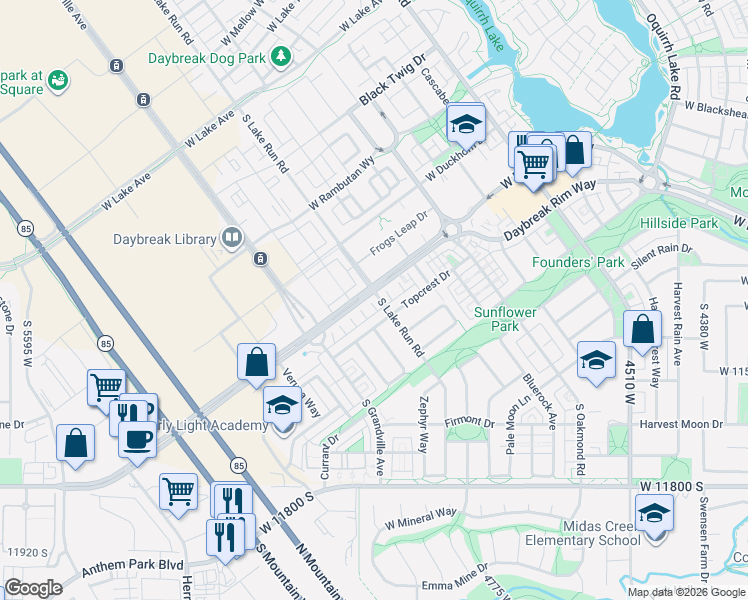 map of restaurants, bars, coffee shops, grocery stores, and more near 11464 South Lake Run Road in South Jordan