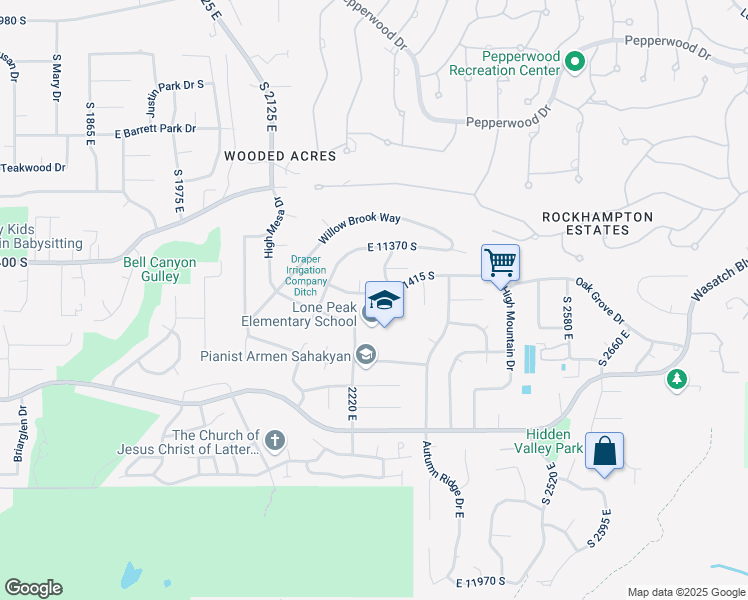 map of restaurants, bars, coffee shops, grocery stores, and more near 2250 High Mountain Drive in Sandy