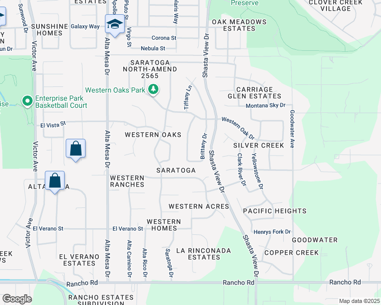 map of restaurants, bars, coffee shops, grocery stores, and more near 4420 Brittany Drive in Redding