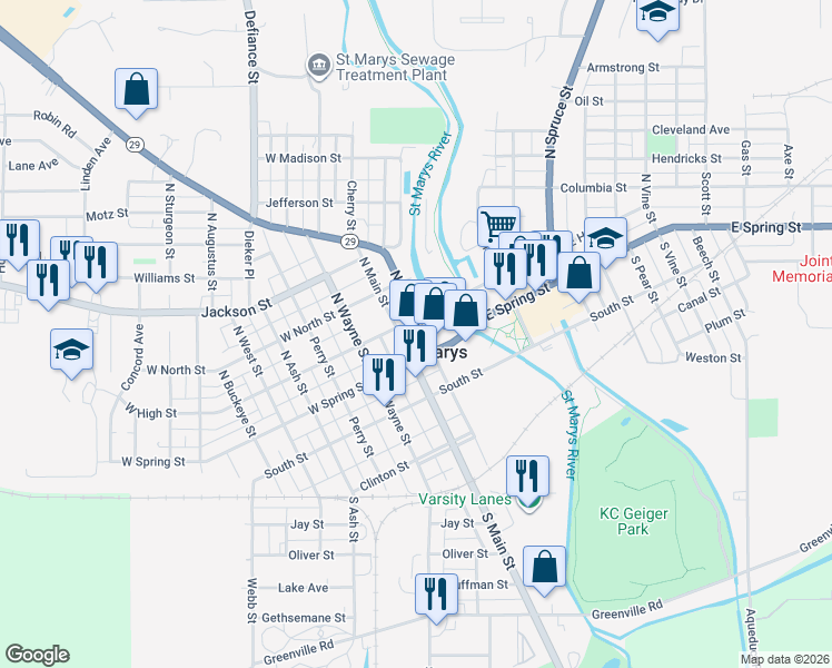 map of restaurants, bars, coffee shops, grocery stores, and more near 134 North Front Street in Saint Marys