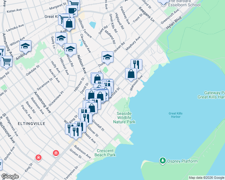 map of restaurants, bars, coffee shops, grocery stores, and more near 3943 Hylan Boulevard in Staten Island