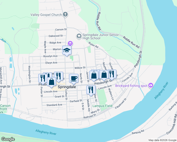 map of restaurants, bars, coffee shops, grocery stores, and more near 377 James Street in Springdale