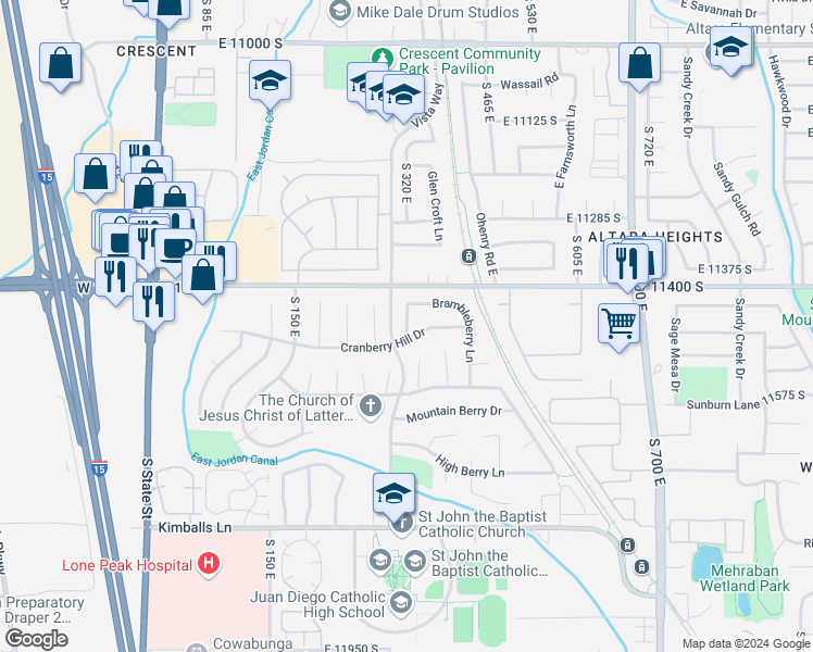 map of restaurants, bars, coffee shops, grocery stores, and more near 11453 Chichory Street in Draper