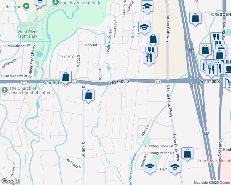 map of restaurants, bars, coffee shops, grocery stores, and more near 527 West 11400 South in Draper