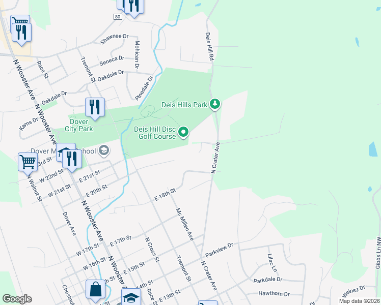 map of restaurants, bars, coffee shops, grocery stores, and more near 1592 North Crater Avenue in Dover