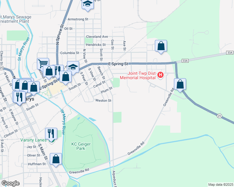 map of restaurants, bars, coffee shops, grocery stores, and more near 452 Beech Street in Saint Marys