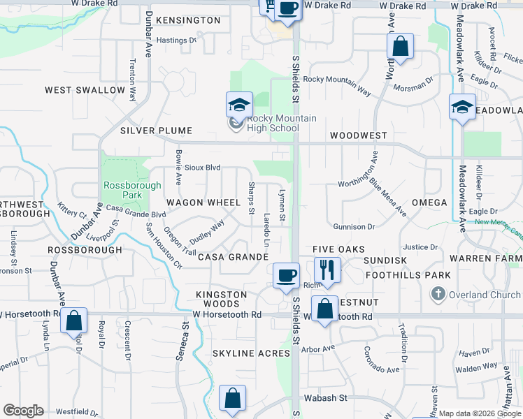 map of restaurants, bars, coffee shops, grocery stores, and more near 3124 Laredo Lane in Fort Collins