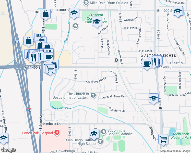 map of restaurants, bars, coffee shops, grocery stores, and more near 11441 Cranberry Hill Court in Draper