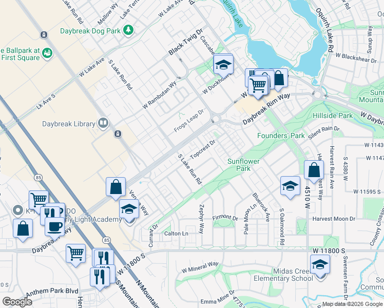 map of restaurants, bars, coffee shops, grocery stores, and more near 4911 West Daybreak Parkway in South Jordan