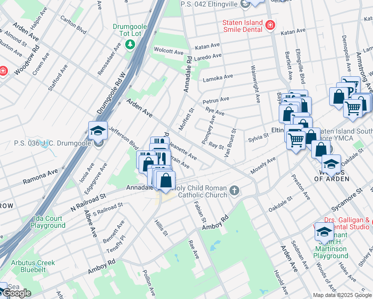 map of restaurants, bars, coffee shops, grocery stores, and more near 1052 Arden Avenue in Staten Island