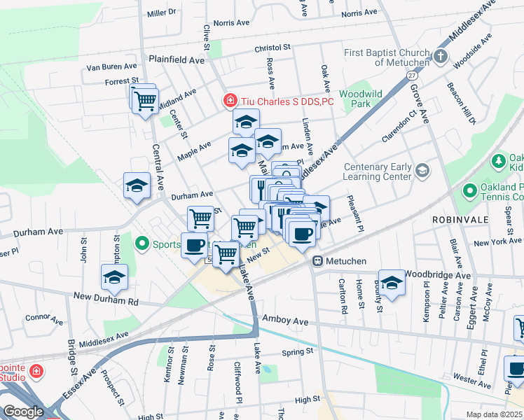 map of restaurants, bars, coffee shops, grocery stores, and more near 544 Middlesex Avenue in Metuchen