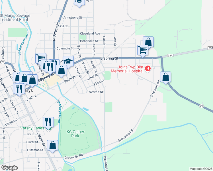 map of restaurants, bars, coffee shops, grocery stores, and more near 452 Beech Street in Saint Marys