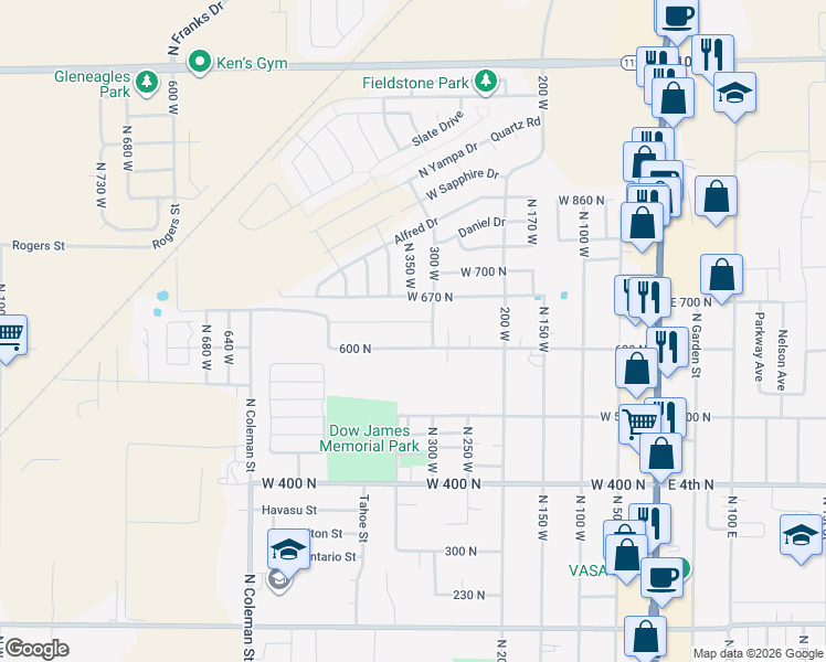 map of restaurants, bars, coffee shops, grocery stores, and more near 343 West 630 North Street in Tooele