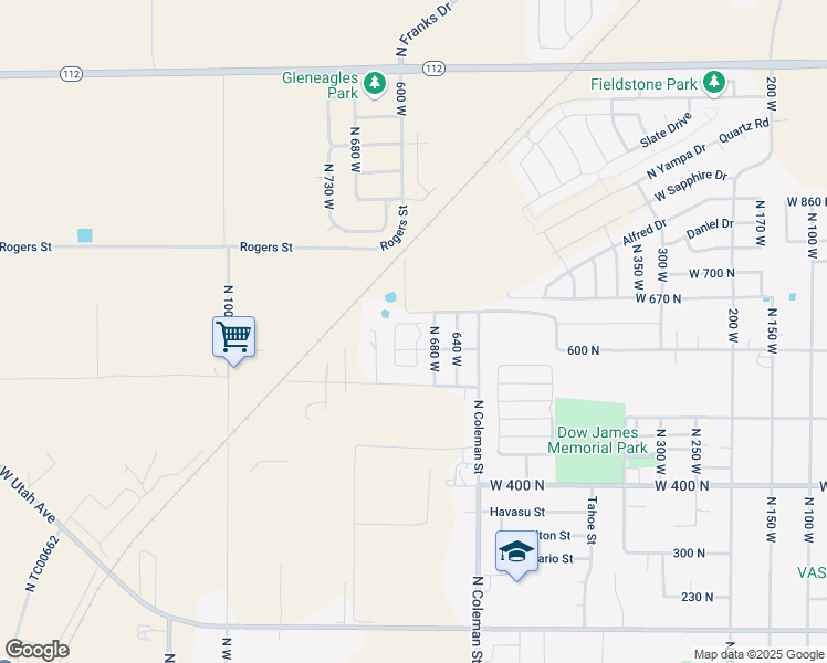 map of restaurants, bars, coffee shops, grocery stores, and more near 621 Shay Lane in Tooele