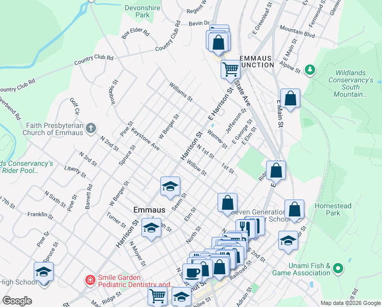 map of restaurants, bars, coffee shops, grocery stores, and more near 114 Harrison Street in Emmaus
