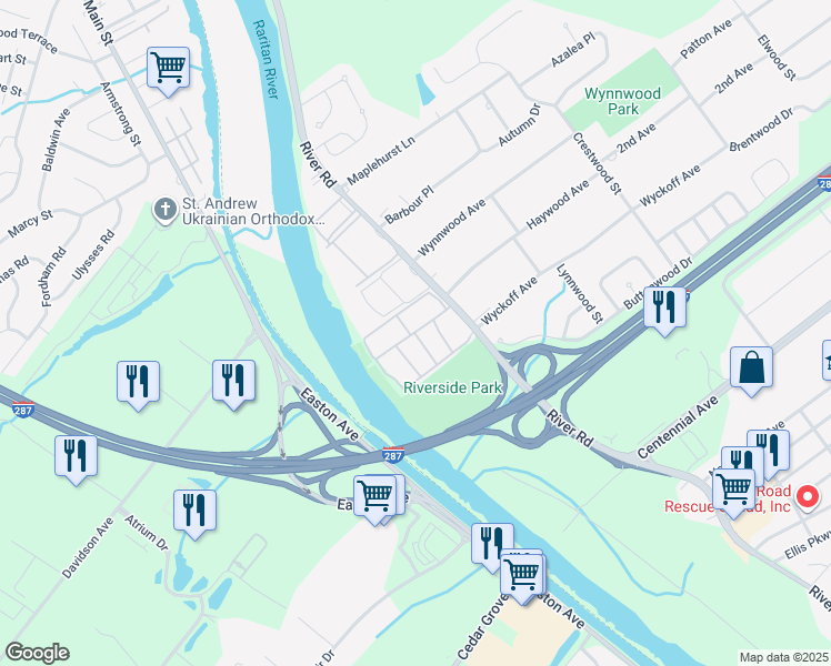 map of restaurants, bars, coffee shops, grocery stores, and more near 410 River Road in Piscataway