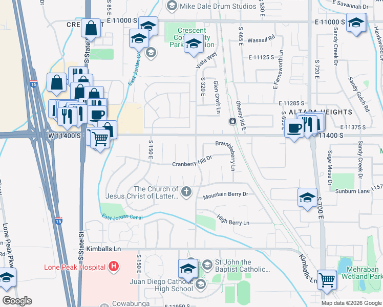 map of restaurants, bars, coffee shops, grocery stores, and more near 11441 Cranberry Hill Court in Draper