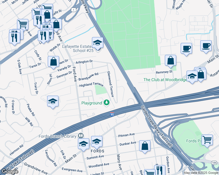 map of restaurants, bars, coffee shops, grocery stores, and more near 74 Glenwood Terrace in Woodbridge Township