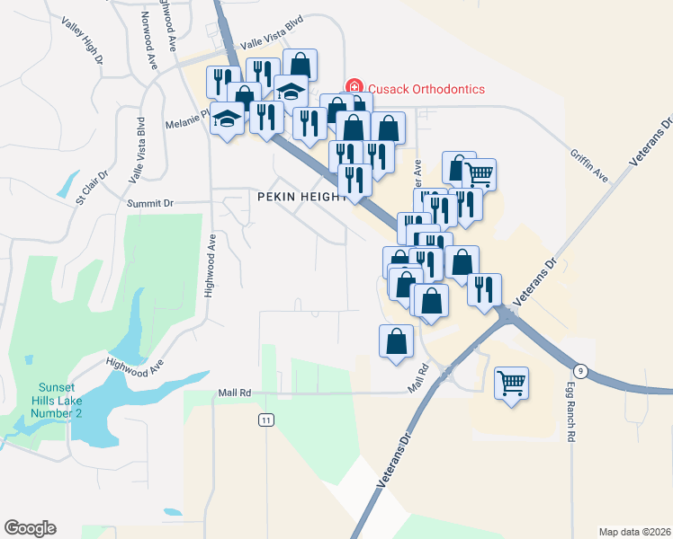 map of restaurants, bars, coffee shops, grocery stores, and more near 212 Hillside Court in Pekin