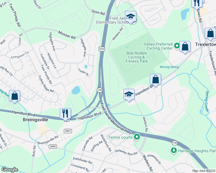 map of restaurants, bars, coffee shops, grocery stores, and more near Highway 100 in Breinigsville