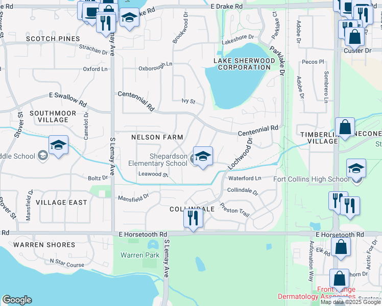map of restaurants, bars, coffee shops, grocery stores, and more near 3249 Pepperwood Lane in Fort Collins