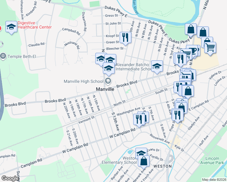 map of restaurants, bars, coffee shops, grocery stores, and more near 1111 Brooks Boulevard in Manville