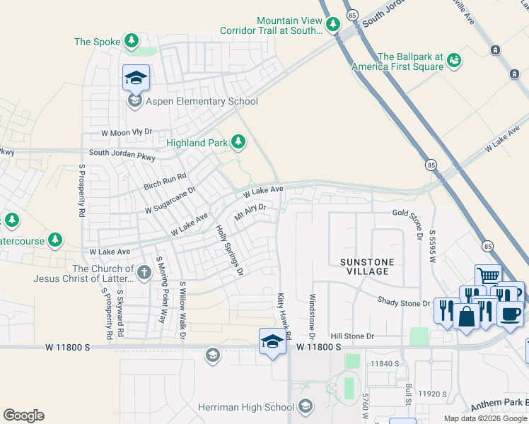 map of restaurants, bars, coffee shops, grocery stores, and more near 6052 Mount Airy Drive in South Jordan